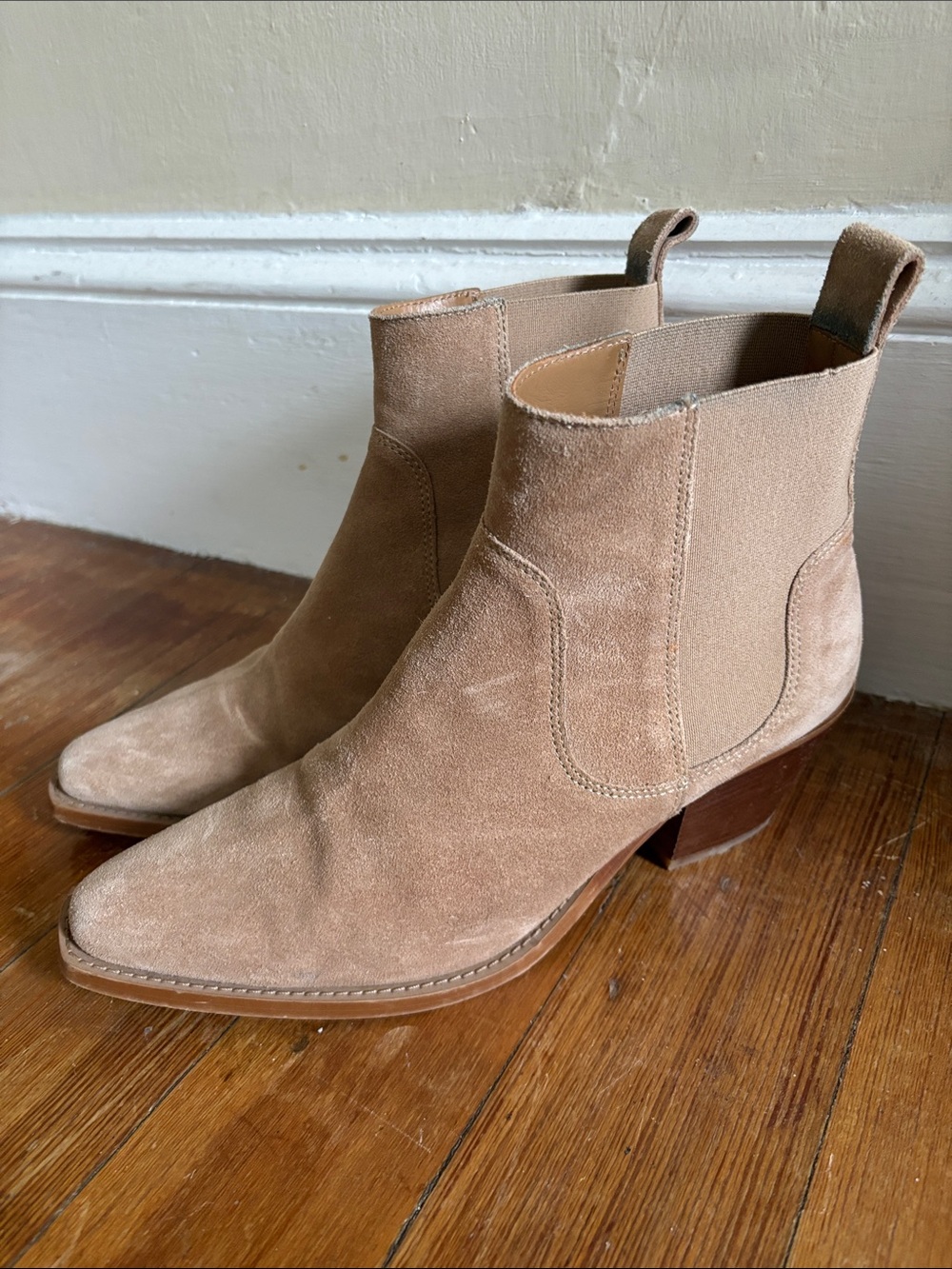 Everlane Suede Ankle Western Booties in Tan, Size 9